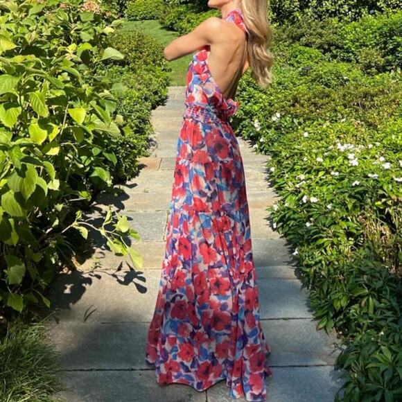 PATBO Violet Floral Flutter Halter Style Maxi Dress Size US 8 Cherry - Picture 15 of 15